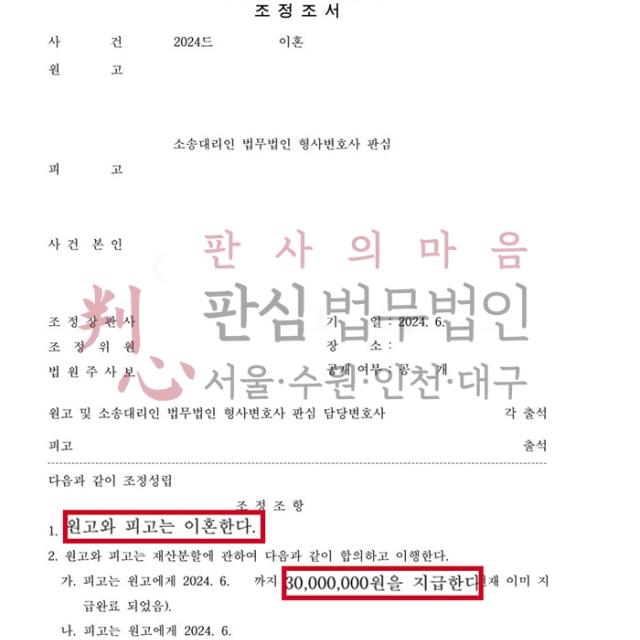 [조정성립] 이혼 원고 | 외도를 저지른 아내를 상대로 이혼 청구한 사건, 조정 성립